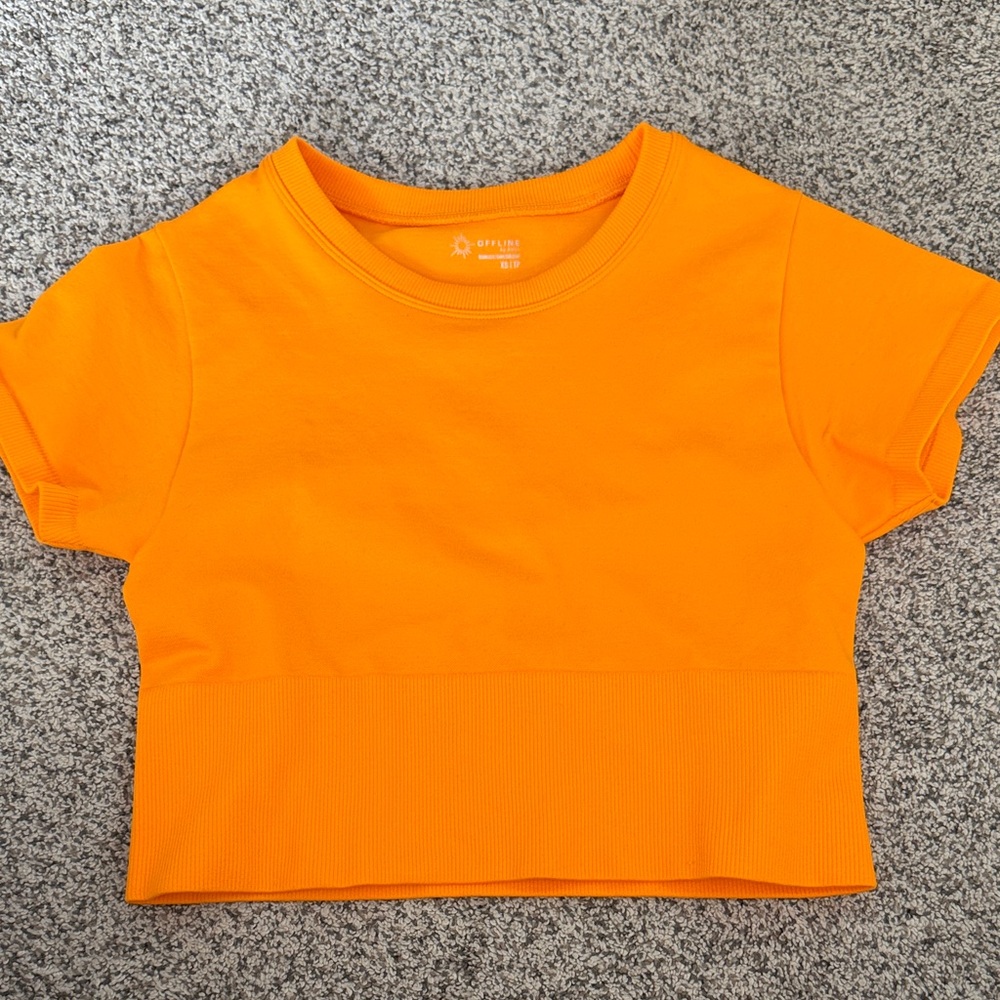 aerie Neon Orange Ribbed Hem Crop Tee